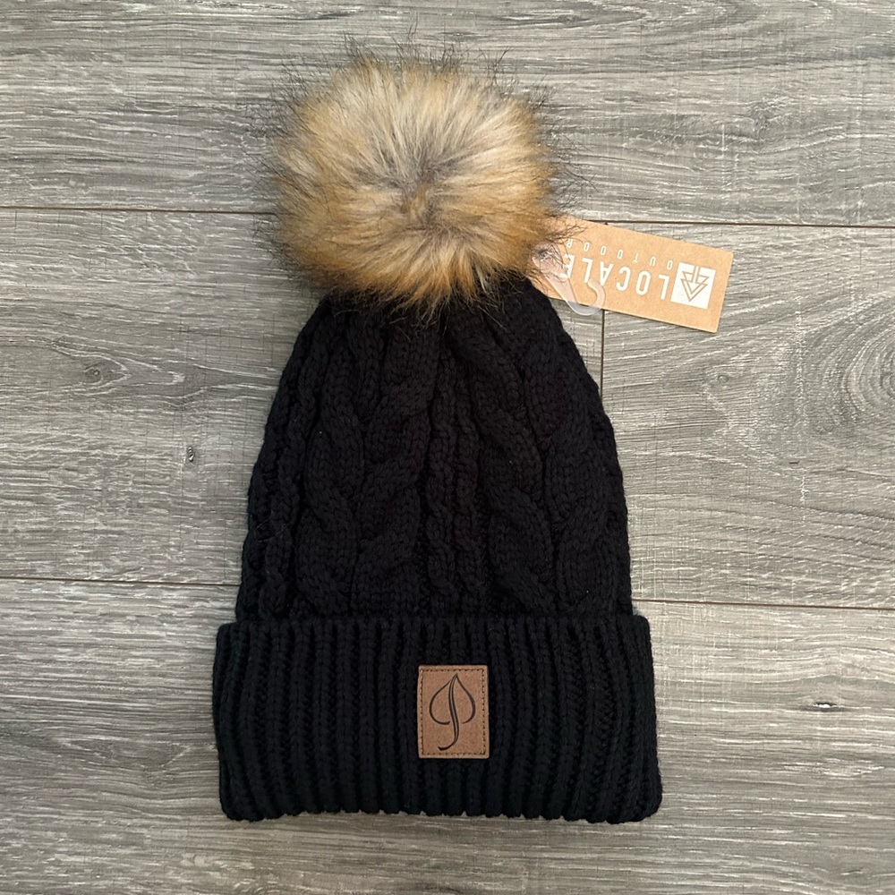 Black Knit Beanie with Faux Fur Pom